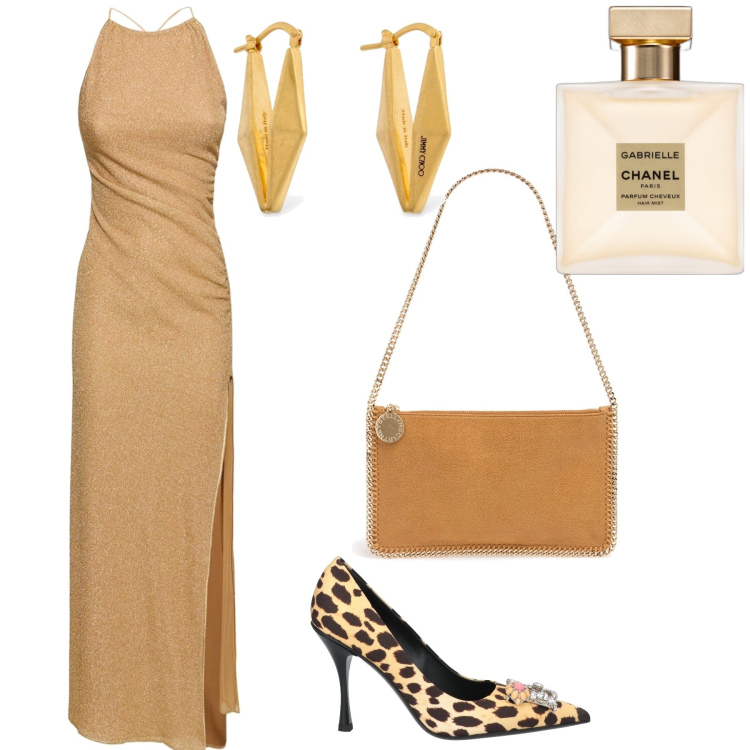 Outfit donna - Gabrielle. Stile Glamour per Serata fuori. Abbinamento con décolleté, profumi, vestiti lunghi, orecchini, pochette.