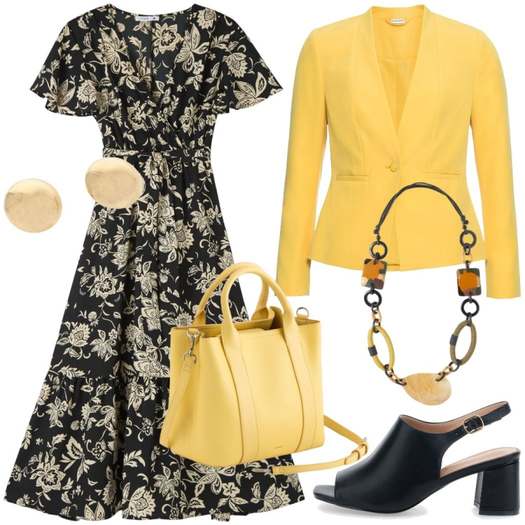 Outfit donna - Aperitivo in città. Stile Bon Ton per Serata fuori. Abbinamento con blazer, vestiti lunghi, orecchini, sandali col tacco, borse a mano, collane.