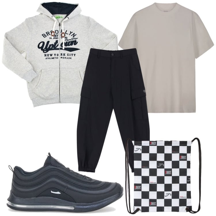 Outfit uomo - Total look #2085097. Stile Trendy per Sport. Abbinamento con borse sportive, pantaloni cargo, sneakers, felpe con cappuccio, t-shirt.