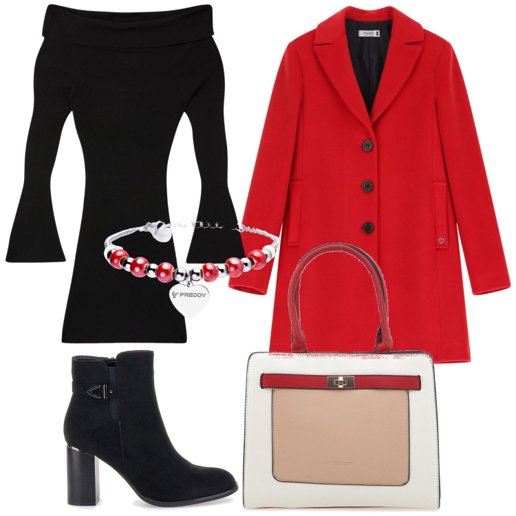 Outfit donna - Cappottino rosso per la pizza con amici. Stile Urban per Serata fuori. Abbinamento con vestiti corti, cappotti, braccialetti, stivaletti, borse a spalla.