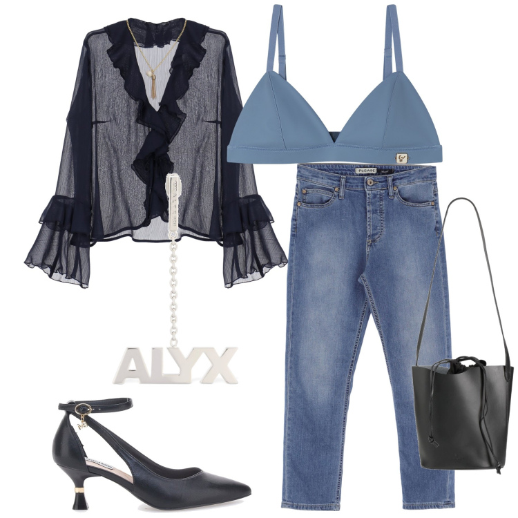 Outfit donna - Trasparenze e jeans per la serata. Stile Glamour per Serata fuori. Abbinamento con borse a mano, bluse, jeans, reggiseni, décolleté, orecchini.