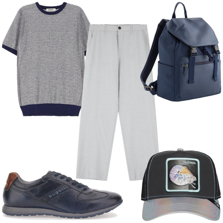 Outfit uomo - Total look #2085118. Stile Trendy per Tutti i giorni. Abbinamento con pantaloni, maglieria, scarpe stringate, cappelli con visiera, borse sportive.