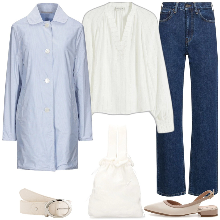 Outfit donna - Lo spolverino azzurro. Stile Casual chic per Tutti i giorni. Abbinamento con bluse, trench, ballerine, jeans dritti, borse a mano, cinture.