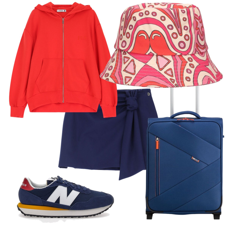 Outfit donna - Pronti si parte. Stile Preppy per Tutti i giorni. Abbinamento con minigonne, felpe con cappuccio, sneakers, cappelli, valigie.