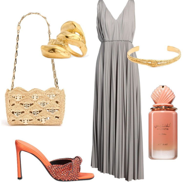 Outfit donna - Elegante e raffinata. Stile Glamour per Serata fuori. Abbinamento con vestiti lunghi, sandali col tacco, profumi, borse a spalla, collane, anelli.