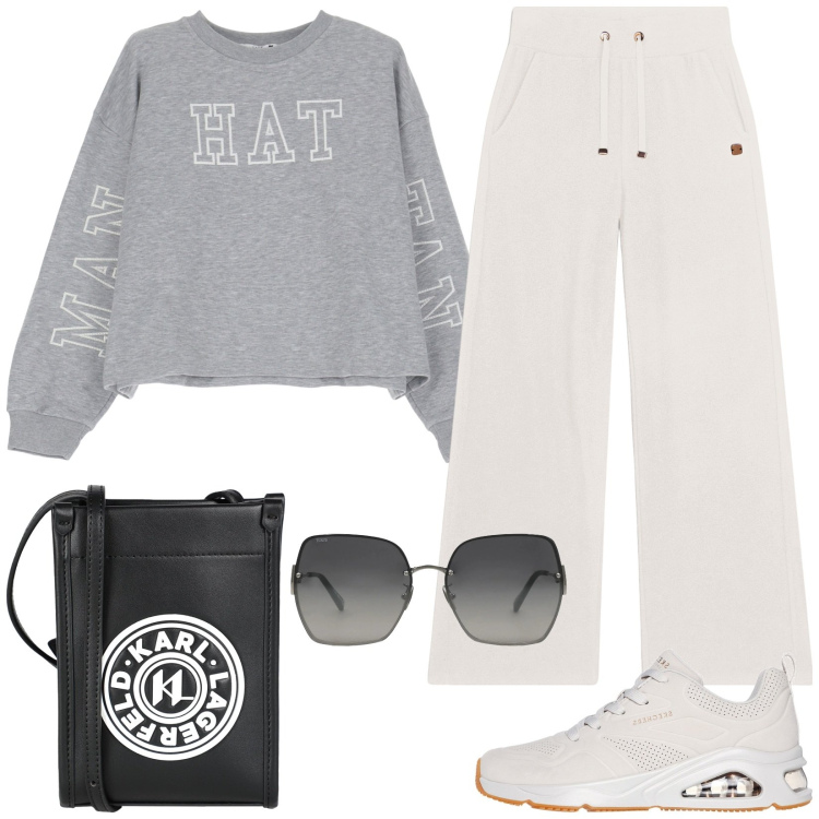 Outfit donna - Mattinata di corsa. Stile Basic per Tutti i giorni. Abbinamento con borse a tracolla, occhiali da sole, felpe, pantaloni, sneakers.