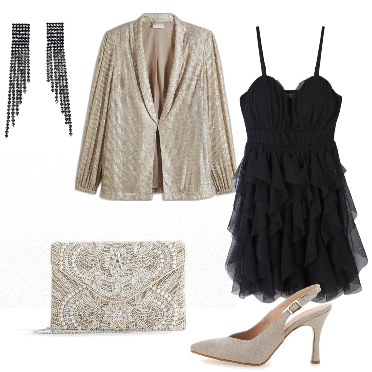Outfit donna - Budget € 158 : una cerimonia glamour. Stile Glamour per Cerimonia. Abbinamento con pochette, blazer, vestiti corti, orecchini, décolleté.