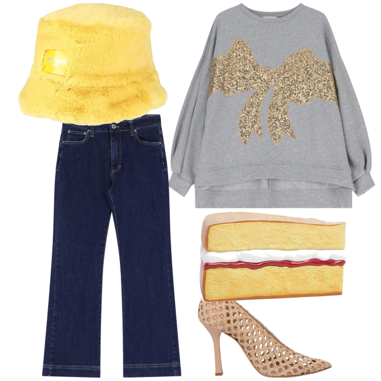 Outfit donna - Apericena con torta nella borsa. Stile Glamour per Serata fuori. Abbinamento con cappelli, décolleté, jeans a zampa, felpe, pochette.