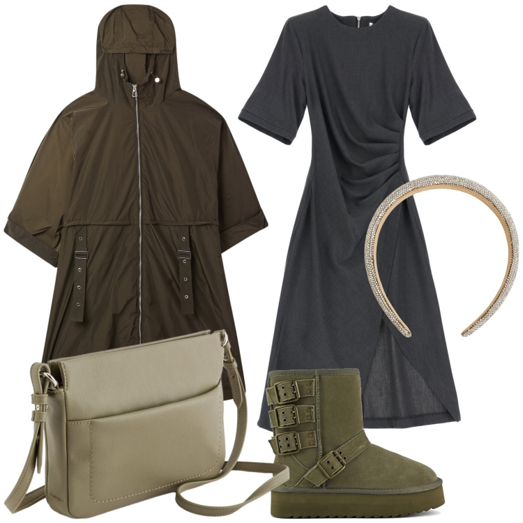 Outfit donna - In ufficio sotto la pioggia. Stile Urban per Ufficio. Abbinamento con cerchietti, trench, vestiti midi/longuette, stivaletti, borse a tracolla.