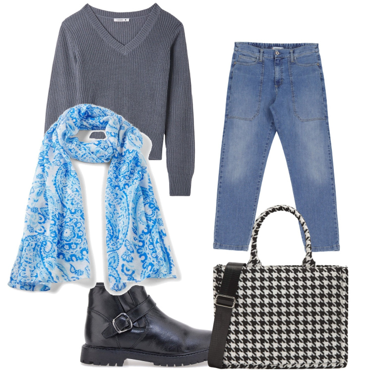 Outfit donna - Simply. Stile Basic per Tutti i giorni. Abbinamento con sciarpe, maglieria, shopping bag, jeans, stivaletti.
