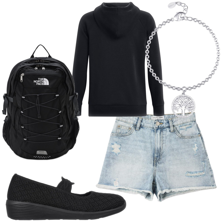 Outfit donna - L albero della vita. Stile Preppy per Tutti i giorni. Abbinamento con shorts, braccialetti con ciondoli, felpe con cappuccio, ballerine, zaini.