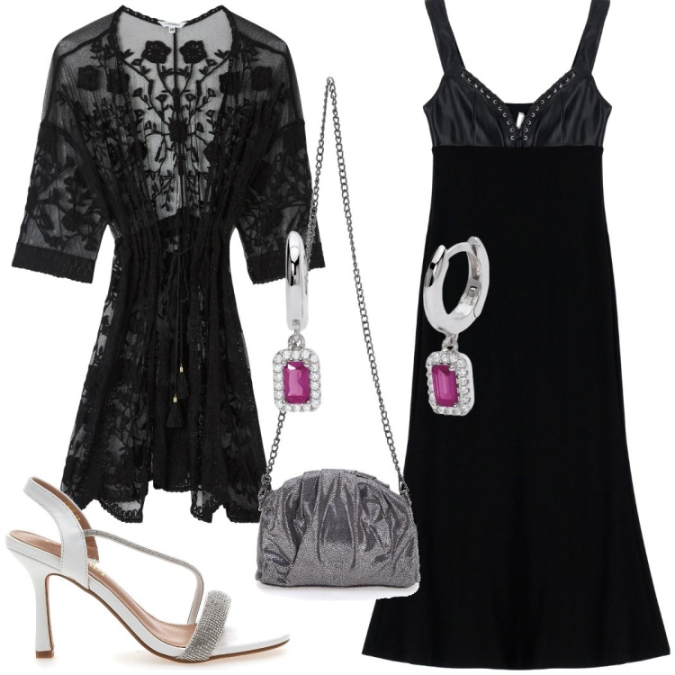 Outfit donna - Il kimono ricamato. Stile Sexy per Serata fuori. Abbinamento con kimono, orecchini, vestiti midi/longuette, sandali col tacco, pochette.
