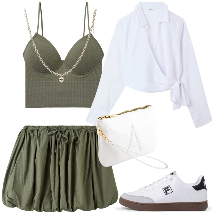 Outfit donna - Total look #2085155. Stile Casual per Tutti i giorni. Abbinamento con top, camicie, collane, minigonne, sneakers, pochette.