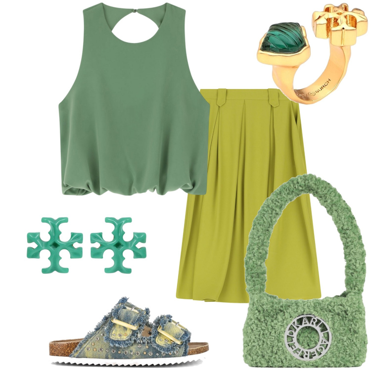 Outfit donna - All green all spring. Stile Trendy per Tutti i giorni. Abbinamento con orecchini, borse a spalla, anelli, top, gonne longuette, sandali.