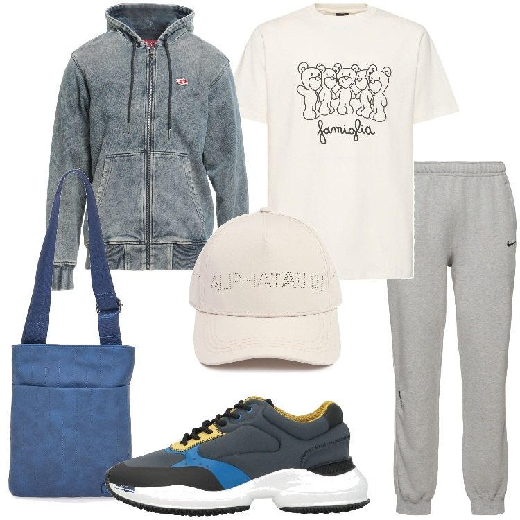 Outfit uomo - Espressione personale attraverso slogan. Stile Casual per Tutti i giorni. Abbinamento con felpe con cappuccio, sneakers, portafogli, t-shirt, cappelli, pantaloni.