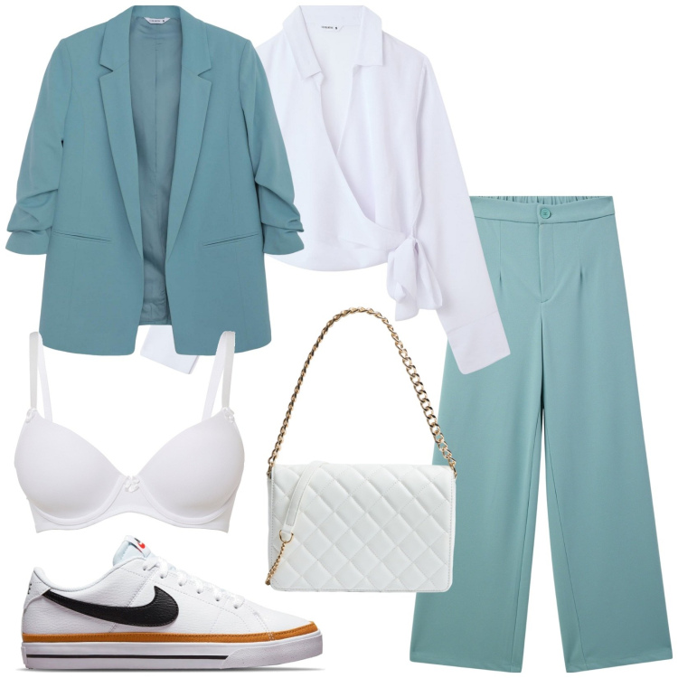 Outfit donna - Total look #2085163. Stile Casual per Ufficio. Abbinamento con reggiseni, camicie, pantaloni, blazer, borse a tracolla, sneakers.