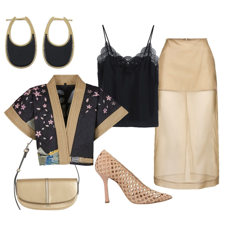 Outfit donna - La giacca kimono. Stile Chic per Serata fuori. Abbinamento con décolleté, borse a mano, top, kimono, orecchini, gonne longuette.
