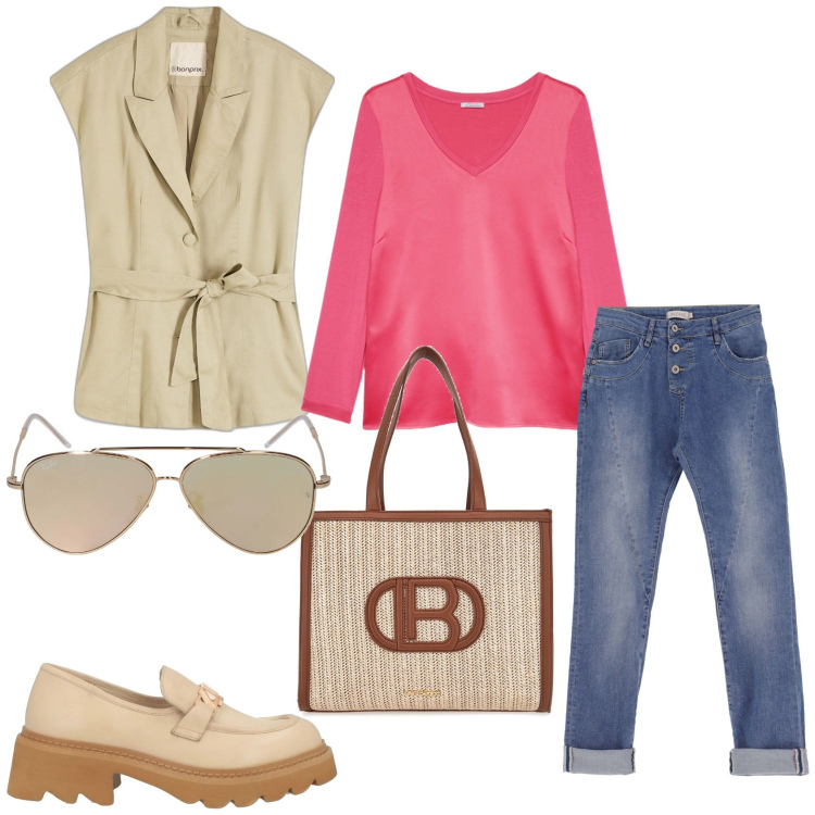 Outfit donna - Total look. Stile Casual chic per Ufficio. Abbinamento con gilet, mocassini, jeans slim fit, borse a spalla, t-shirt, occhiali da sole.