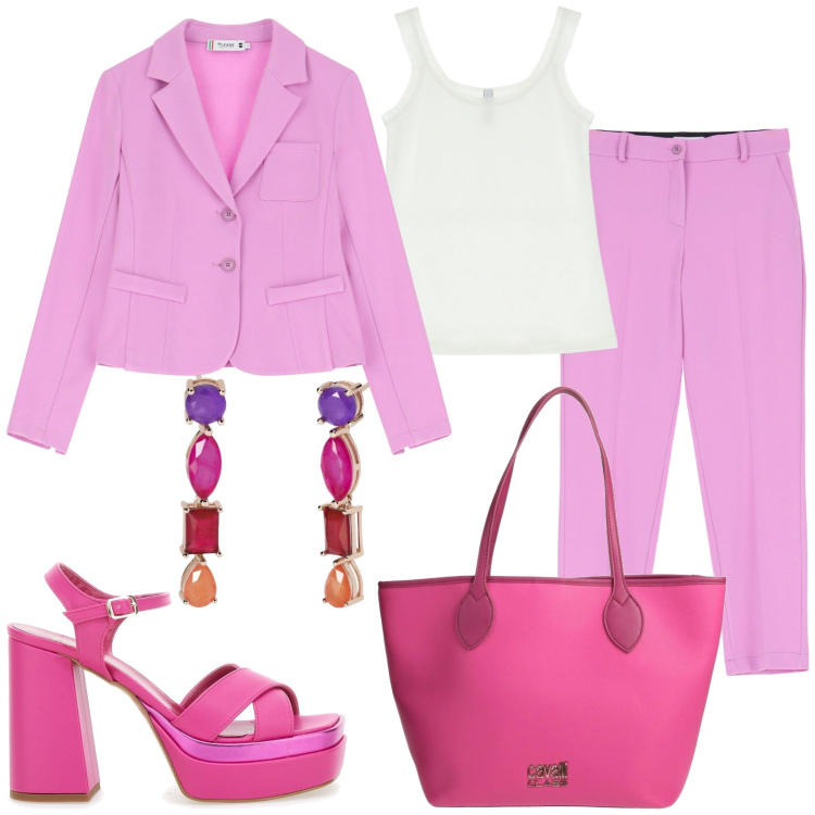Outfit donna - Rosa chic. Stile Glamour per Tutti i giorni. Abbinamento con borse a spalla, orecchini, pantaloni, blazer, canottiere, sandali col tacco.