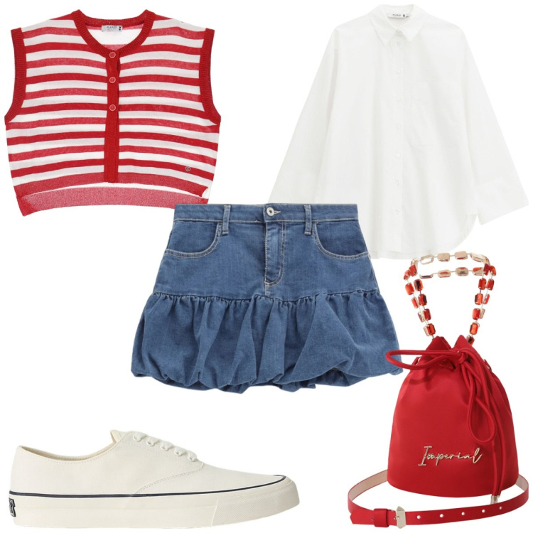 Outfit donna - Please : minigonna a Saint - Tropez. Stile Trendy per Tutti i giorni. Abbinamento con minigonne, gilet, camicie, borse a secchiello, sneakers.