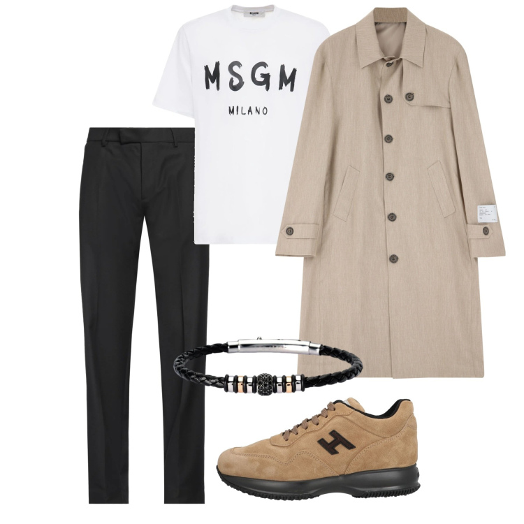 Outfit uomo - Trendy trench. Stile Trendy per Tutti i giorni. Abbinamento con sneakers, pantaloni, braccialetti, trench, t-shirt.