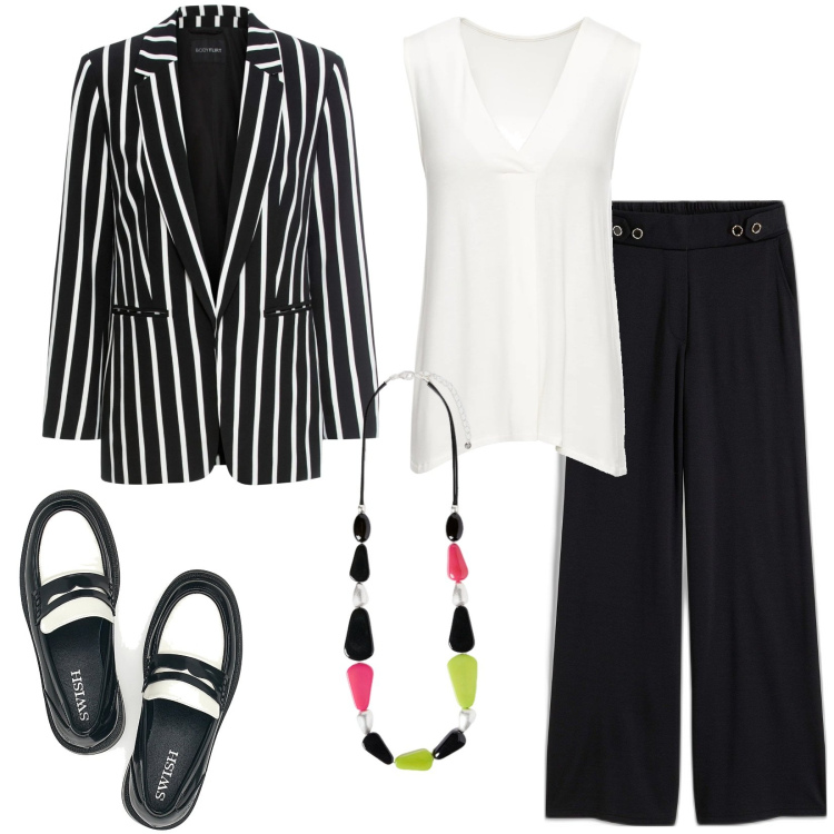 Outfit donna - Budget € 126 : Black and White. Stile Mannish per Ufficio. Abbinamento con pantaloni, top, blazer, mocassini, collane.