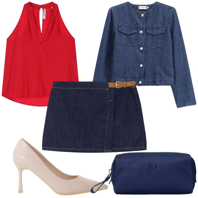 Outfit donna - Please : in denim a Saint - Tropez. Stile Trendy per Tutti i giorni. Abbinamento con minigonne, blazer, top, décolleté, pochette.