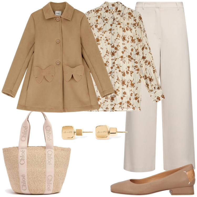 Outfit donna - Il cappotto corto. Stile Casual chic per Tutti i giorni. Abbinamento con ballerine, cappotti, camicie, shopping bag, pantaloni, orecchini.