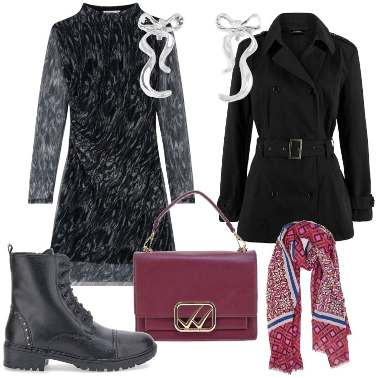 Outfit donna - Serata Romantica. Stile Urban per Serata fuori. Abbinamento con trench, orecchini, vestiti, anfibi, foulard, borse a tracolla.