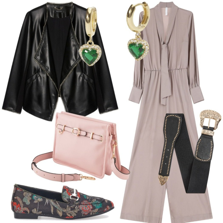 Outfit donna - Happy hour. Stile Glamour per Serata fuori. Abbinamento con cinture, orecchini, tute, mocassini, blazer, borse a tracolla.