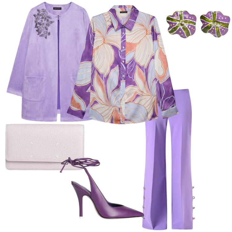 Outfit donna - Cerimonia in lilla. Stile Bon Ton per Cerimonia. Abbinamento con décolleté, orecchini, borse a mano, pantaloni a palazzo, camicie, trench.