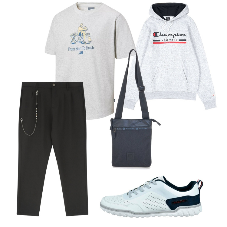Outfit uomo - Con la felpa in ufficio. per Ufficio. Abbinamento con t-shirt, pantaloni, portafogli, felpe con cappuccio, sneakers.
