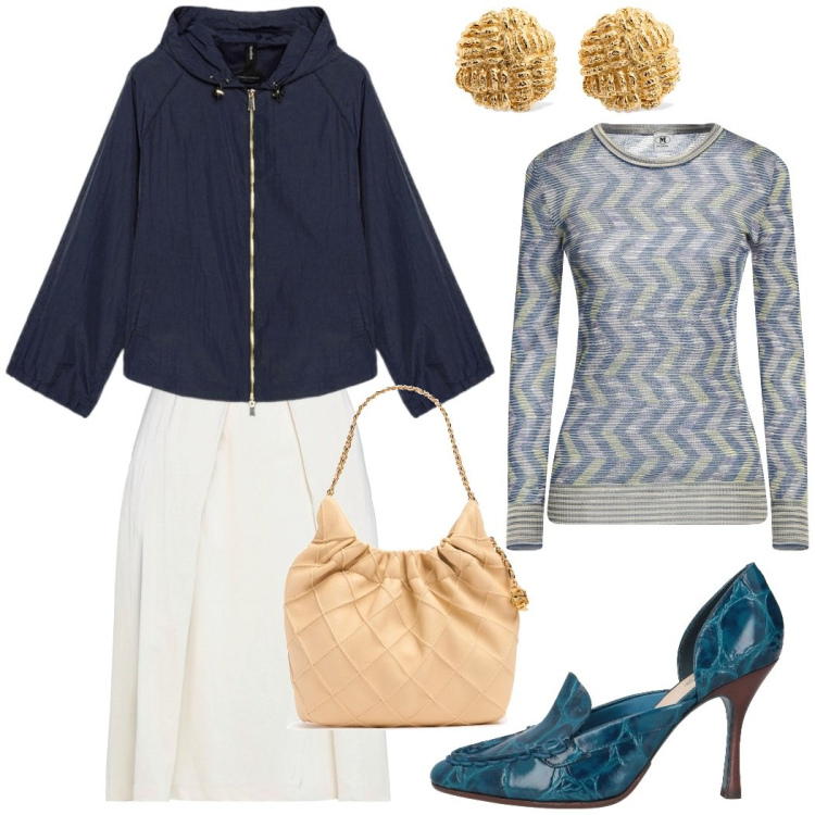 Outfit donna - Pranzo di famiglia. Stile Bon Ton per Tutti i giorni. Abbinamento con gonne longuette, décolleté, pullovers, parka, borse a spalla, orecchini.