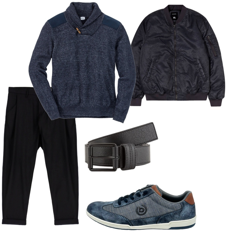 Outfit uomo - Prendiamo un caffè. per Tutti i giorni. Abbinamento con maglieria, bomber, pantaloni, scarpe stringate, cinture.