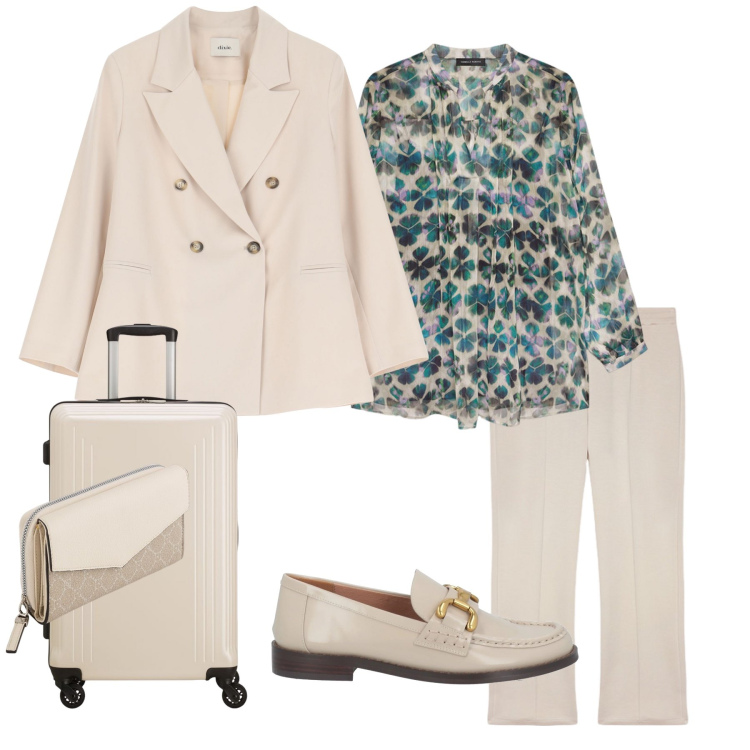 Outfit donna - Viaggio di lavoro. Stile Bon Ton per Ufficio. Abbinamento con mocassini, blazer, bluse, pantaloni, valigie, portafogli.