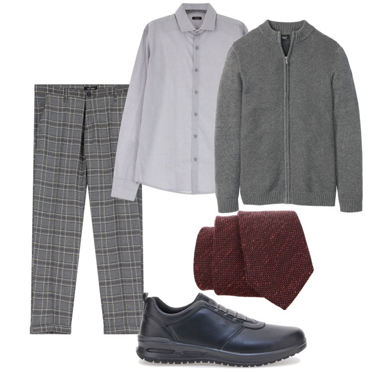 Outfit uomo - Con la cravatta bordeaux. per Ufficio. Abbinamento con cardigans, cravatte, camicie, pantaloni, scarpe stringate.
