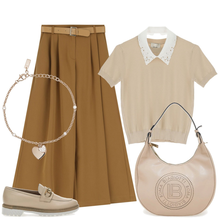 Outfit donna - Total look #2085201. Stile Casual chic per Tutti i giorni. Abbinamento con braccialetti con ciondoli, pantaloni a palazzo, maglieria, borse a spalla, mocassini.