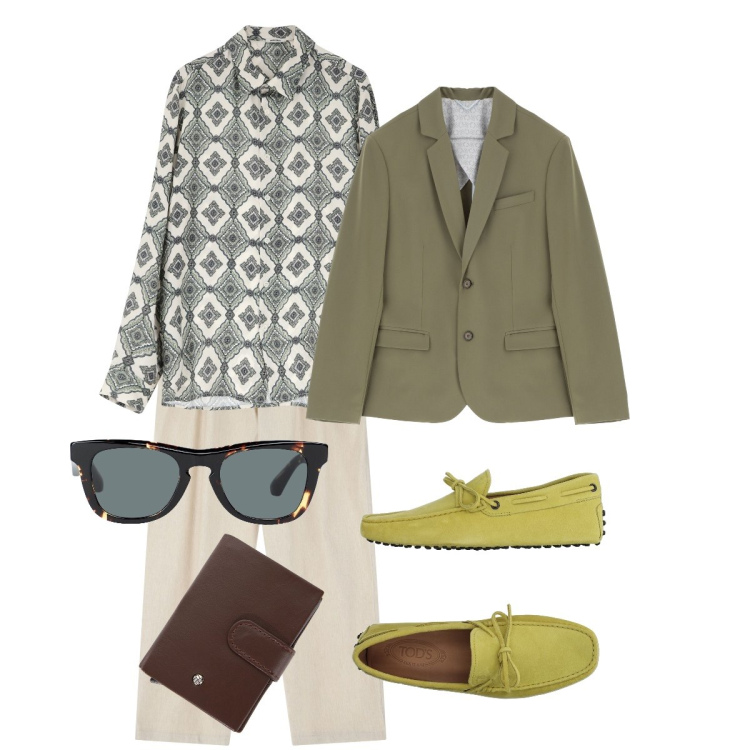 Outfit uomo - Casual Friday. Stile Casual per Ufficio. Abbinamento con scarpe stringate, occhiali da sole, camicie, pantaloni, giacche, portafogli.