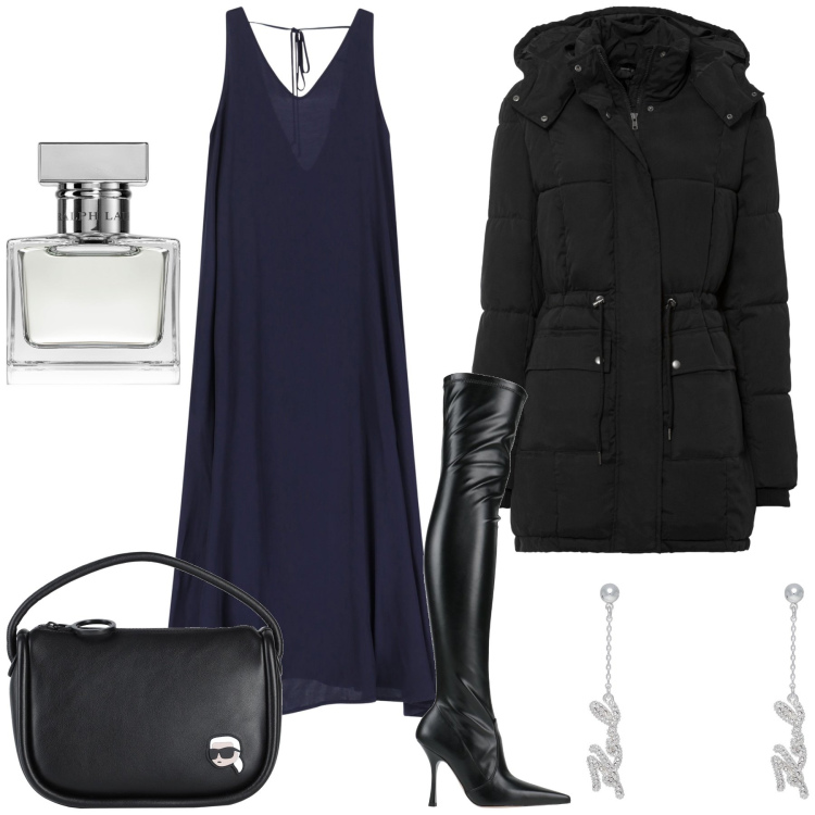 Outfit donna - Che stivali!!!. Stile Glamour per Serata fuori. Abbinamento con piumini, stivali sopra il ginocchio, borse a mano, orecchini, profumi, vestiti lunghi.