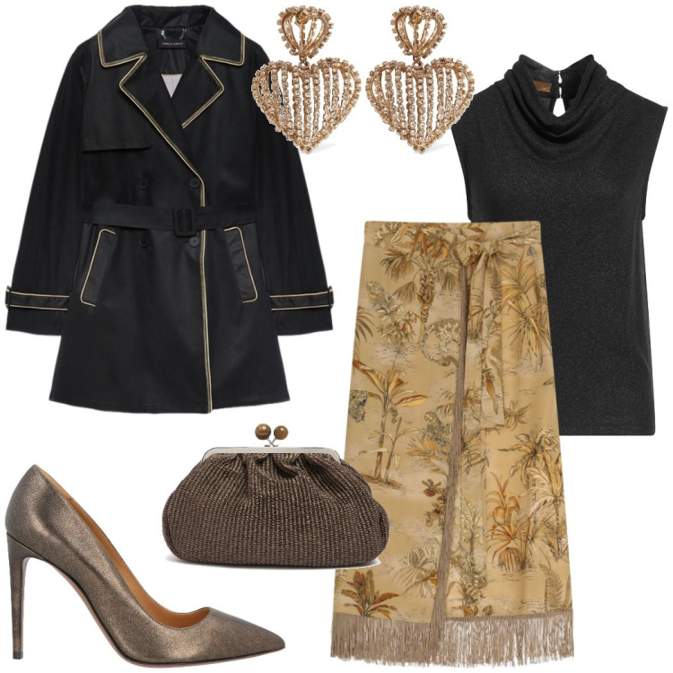 Outfit donna - La gonna fantasia per la sera. Stile Boho per Serata fuori. Abbinamento con décolleté, top, gonne, trench, orecchini, pochette.