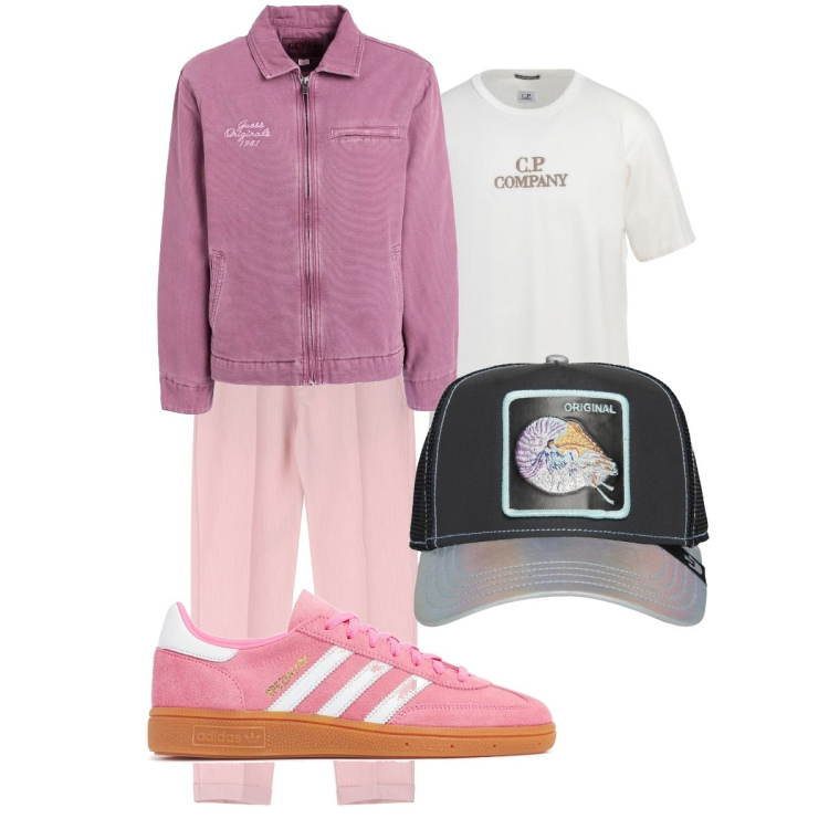 Outfit uomo - Pink Sport. Stile Casual per Sport. Abbinamento con giacche, t-shirt, pantaloni, cappelli con visiera, sneakers.