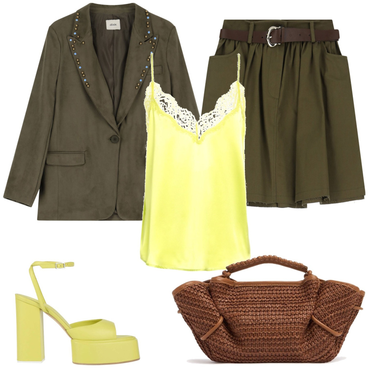 Outfit donna - Verde militare e giallo fluo. Stile Casual chic per Serata fuori. Abbinamento con top, sandali in pelle, blazer, minigonne, borse a mano.