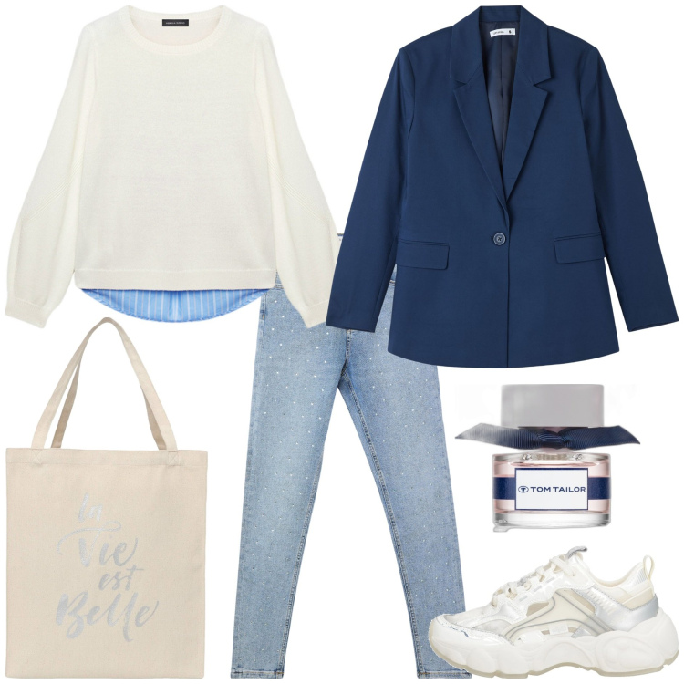 Outfit donna - Bantoa Spring Edit. Stile Basic per Tutti i giorni. Abbinamento con sneakers, profumi, borse tote, blazer, jeans skinny, maglieria.
