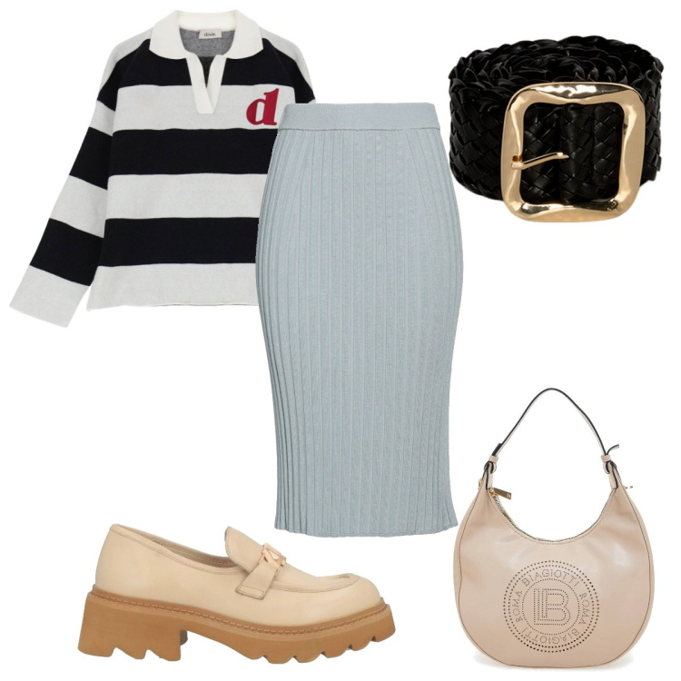 Outfit donna - Total look #2085245. Stile Trendy per Tutti i giorni. Abbinamento con mocassini, gonne longuette, polo, borse a spalla, cinture.