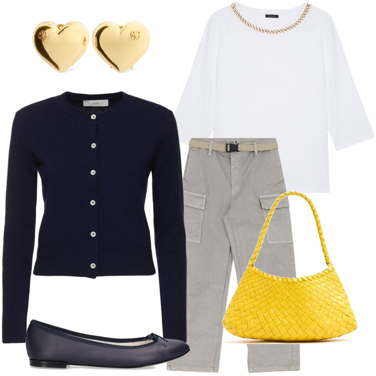 Outfit donna - Cuoricini. Stile Casual per Serata fuori. Abbinamento con pantaloni chino, t-shirt, ballerine, cardigans, borse a spalla, orecchini.
