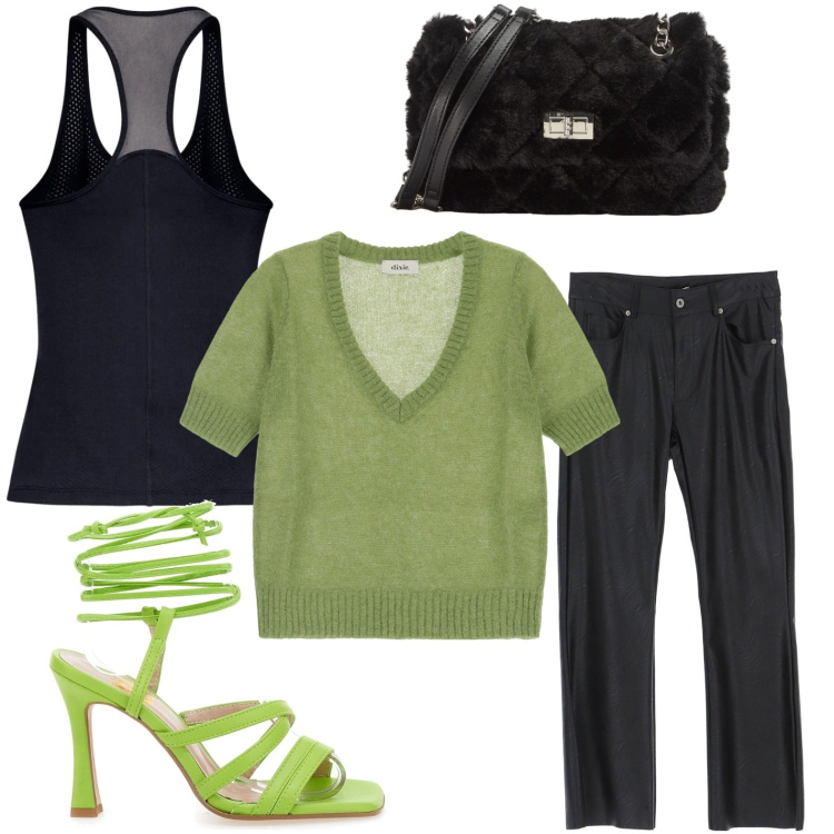 Outfit donna - I sandali verde prato. Stile Minimal per Serata fuori. Abbinamento con borse a spalla, pantaloni, maglieria, sandali col tacco, canottiere.