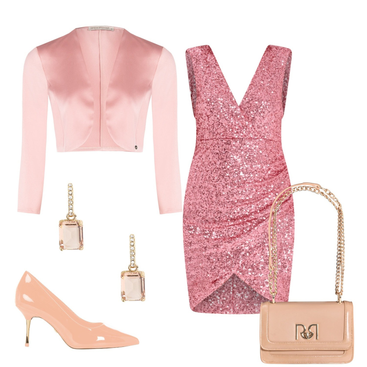 Outfit donna - Cena in rosa. Stile Glamour per Serata fuori. Abbinamento con décolleté, bolero, borse a tracolla, vestiti a tubino, orecchini.