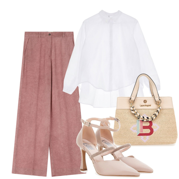 Outfit donna - In ufficio a marzo. Stile Chic per Ufficio. Abbinamento con pantaloni a palazzo, camicie, décolleté, borse a mano.