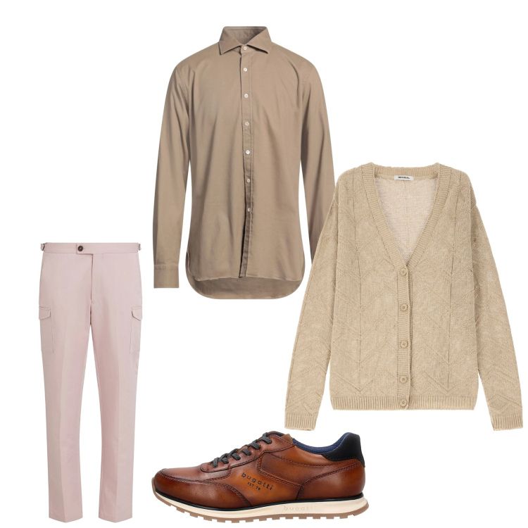 Outfit uomo - Rosa e marrone. Stile Casual per Tutti i giorni. Abbinamento con camicie, pantaloni cargo, cardigans, scarpe stringate.