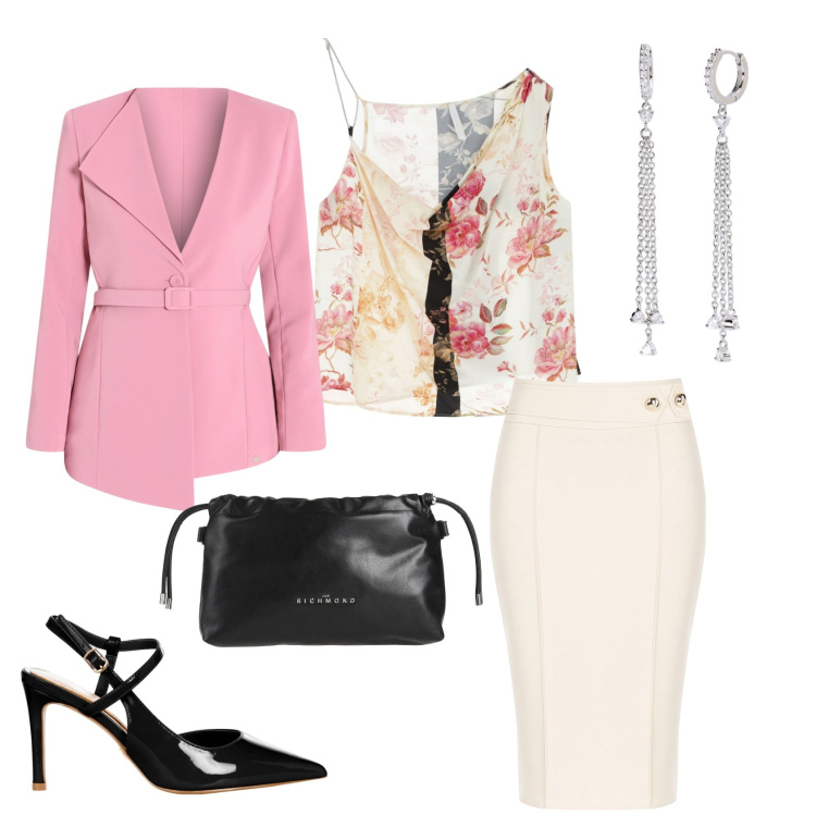 Outfit donna - Top a fiori. Stile Chic per Serata fuori. Abbinamento con borse a mano, top, orecchini, gonne longuette, décolleté, blazer.